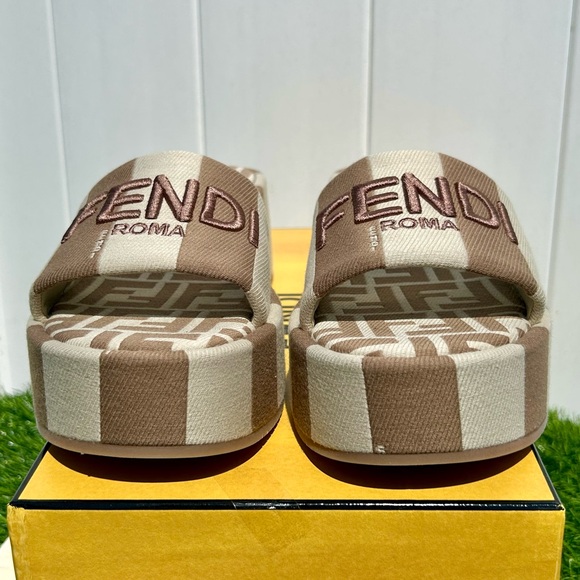 FENDI SUNSHINE EMBROIDERED LOGO PLATFORM SLIDE SANDAL NEUTRAL BEIGE SZ 38.5 NEW! - Picture 9 of 16